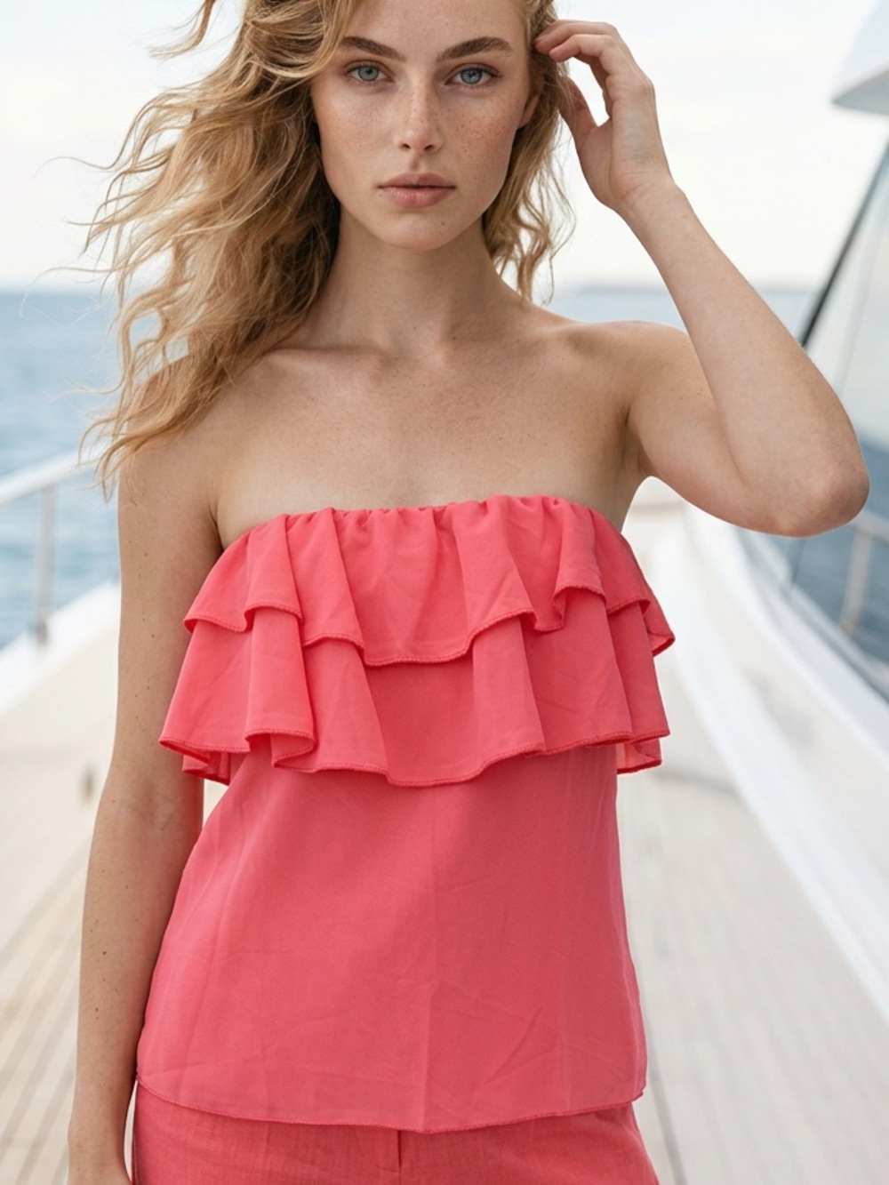 CEZANNE STRAPLESS RUFFLE TOP Semi Sheer Mesh Layers Bright Pink Women’s Size L